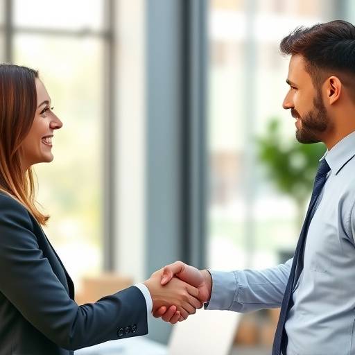 Ein professioneller Bewerber gibt einem Personalvermittler selbstbewusst die Hand.