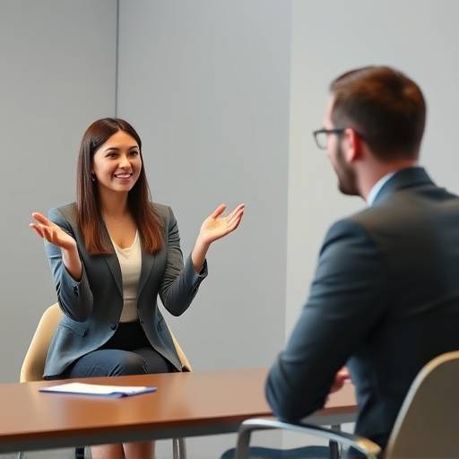 Ein Trainer demonstriert positive Körpersprache während eines simulierten Interviews.