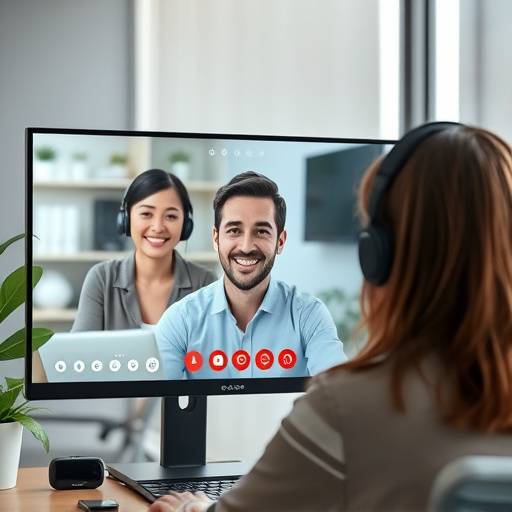 Eine Person nimmt an einem Video-Interview teil und interagiert mit dem Bildschirm.